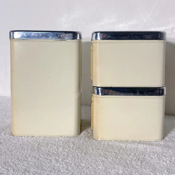 Vintage 70s Ekco Canada Limited Cream Beige Metal Canister Set Sugar Coffee Tea - Picture 2 of 11